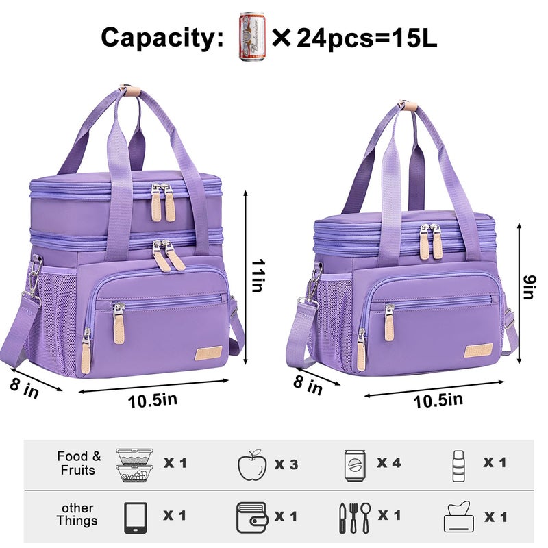 Weitars Insulated Lunch Box for Women Men-Dual Compartment Waterproof Reusable Large Lunch Bag Wide-Open Tote Cooler Bag for Working Picnic Hiking (15L) (Purple) - Image 3