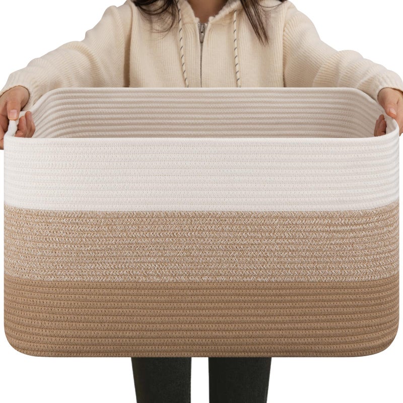 OIAHOMY Large Blanket Basket For Living Room, Rectangle Woven Baskets for Storage, Nursery Toy Storage With Handle-22â€x17â€x12â€-Gradient Light Yellow - Image 1