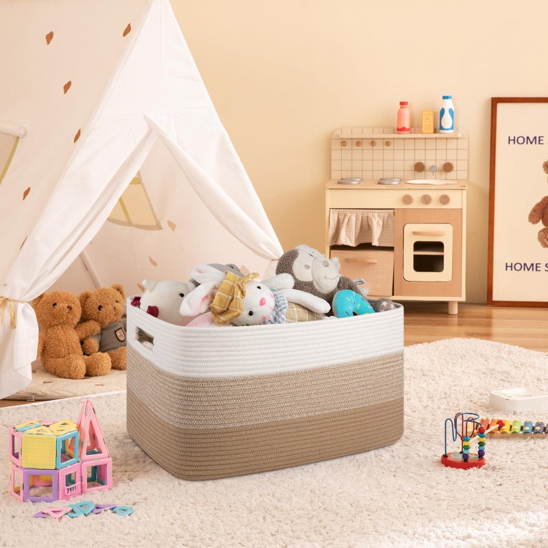 OIAHOMY Large Blanket Basket For Living Room, Rectangle Woven Baskets for Storage, Nursery Toy Storage With Handle-22â€x17â€x12â€-Gradient Light Yellow - Image 2