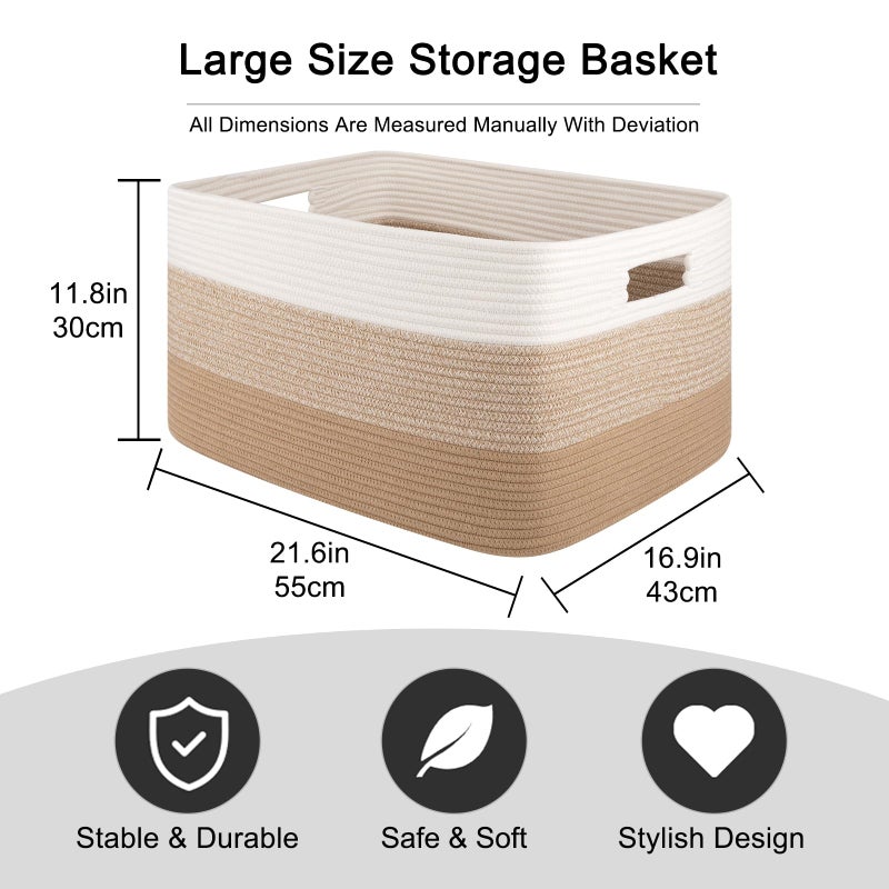 OIAHOMY Large Blanket Basket For Living Room, Rectangle Woven Baskets for Storage, Nursery Toy Storage With Handle-22â€x17â€x12â€-Gradient Light Yellow - Image 3