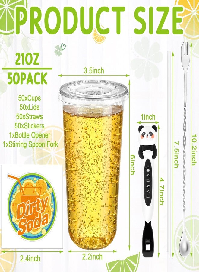Ferrochef 50 Set Plastic Clear Dirty Soda Cups 21 oz with Lids and Straws, Stickers, Magnetic Bottle Opener, 2 in 1 Stirring Spoon Fork for Dirty Soda Cocktail Bar Stand Supplies Party Favor - Image 2