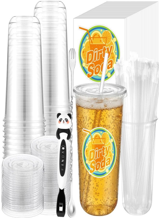 Ferrochef 50 Set Plastic Clear Dirty Soda Cups 21 oz with Lids and Straws, Stickers, Magnetic Bottle Opener, 2 in 1 Stirring Spoon Fork for Dirty Soda Cocktail Bar Stand Supplies Party Favor - Image 1