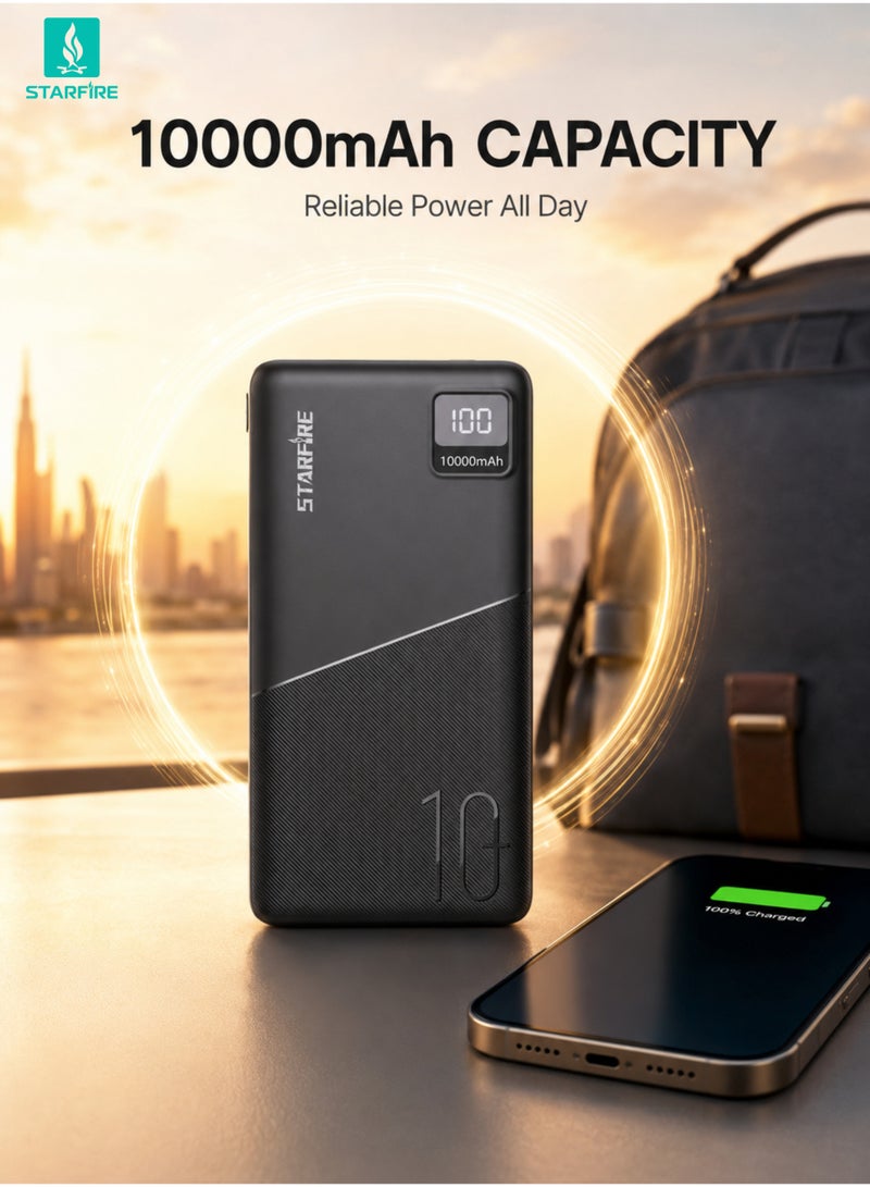 Starfire 10000mAh Power Bank 22.5W Fast Charging, Dual Input (USB-C & Micro), LED Digital Display, Portable Charger with USB-A & USB-C Output Compatible with iPhone, Samsung, AirPods (Black) - Image 3