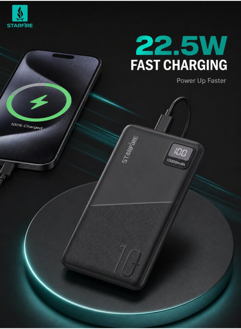 Starfire 10000mAh Power Bank 22.5W Fast Charging, Dual Input (USB-C & Micro), LED Digital Display, Portable Charger with USB-A & USB-C Output Compatible with iPhone, Samsung, AirPods (Black) - Image 2