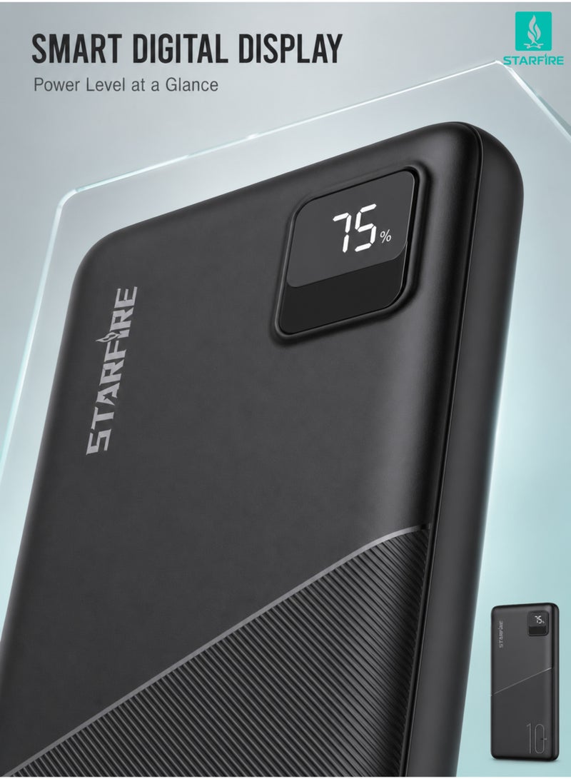 Starfire 10000mAh Power Bank 22.5W Fast Charging, Dual Input (USB-C & Micro), LED Digital Display, Portable Charger with USB-A & USB-C Output Compatible with iPhone, Samsung, AirPods (Black) - Image 4
