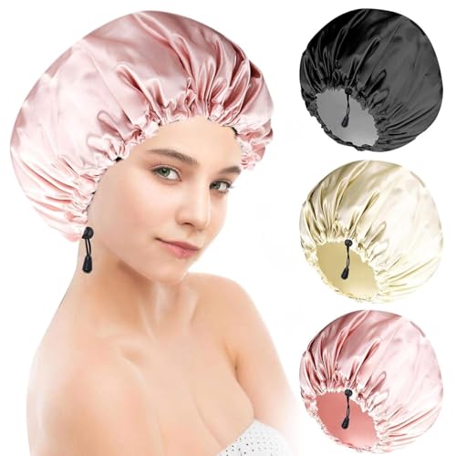 RAMNATH IMPEX RAMNATH ShoWer Cap For Women Men 3PCS Shower Caps For Women Shower Cap, Reusable Shower Cap Long Hair Bonnet Set For Kids With Black Gold Pink Bath Cap. (Pink-Blue) - Image 1