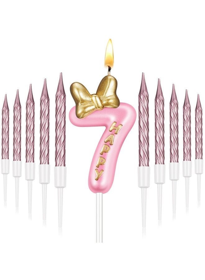 LAMAY Number 7 Birthday Candle Pink Birthday Candle Girl with 10 Pieces Pink Candles Long Thin Cupcake Candles in Holders for Cake Topper Birthday Baking Decor Supplies - Image 1