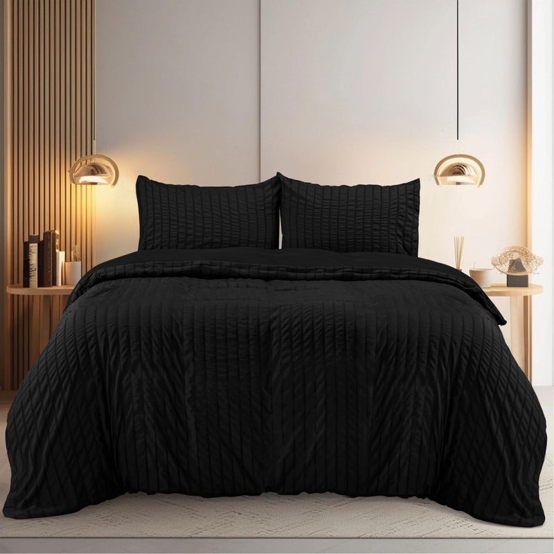 Utopia Bedding Seersucker Duvet Cover Set  Duvet Cover Double with Pillowcases  Soft Microfibre Polyester Seersucker Bedding Black