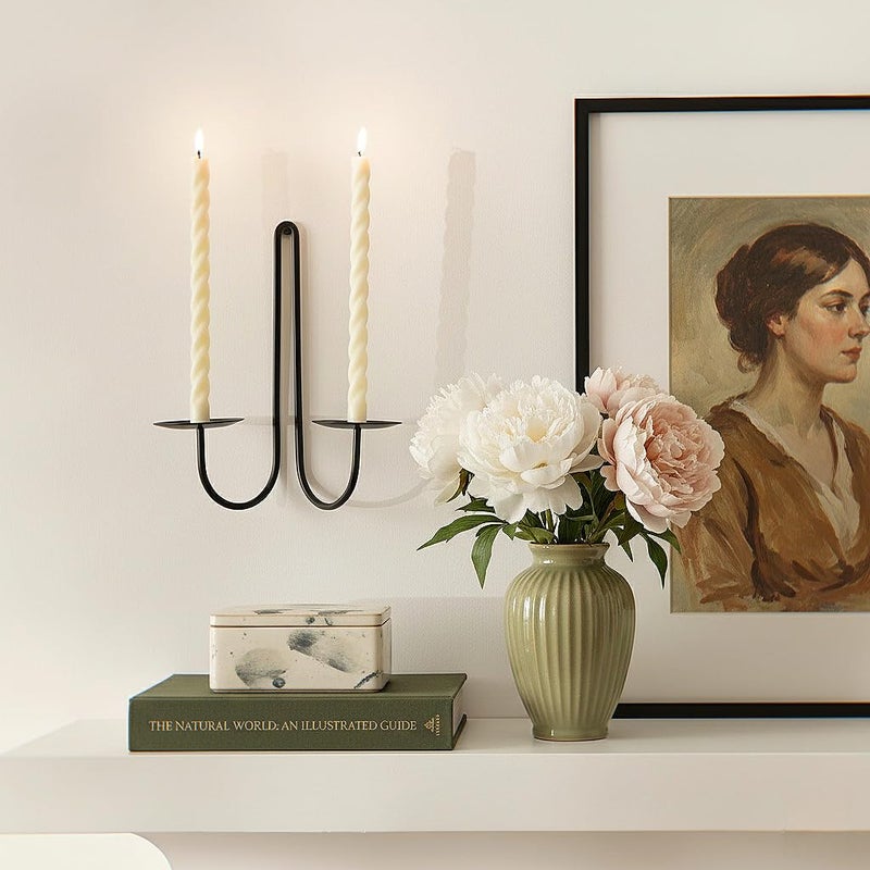 Remenna Double Armed Iron Candle Holders Metal Wall Candle Sconce Holder Set of 2 Black Modern Wall Candle Sconces Hanging for Living Room, Farmhouse, Fireplace, Wedding - Image 5