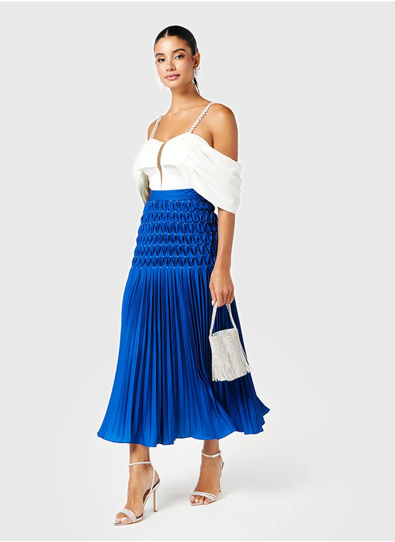 Threadz by Ajooni Off Shoulder Patterned Waist Pleated Dress