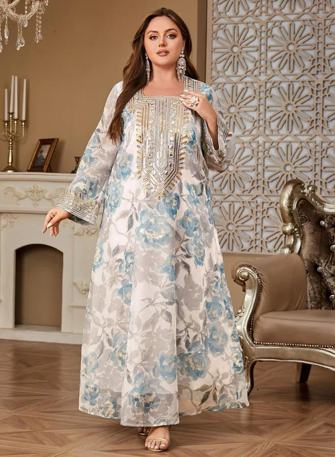 Take Two Plus Size Floral Printed Sequined Jalabiya