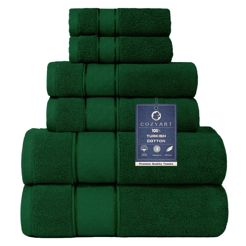 COZYART مجموعة مناشف استحمام رسمية خضراء COZYART 6 قطع، فاخرة 100% قطن تركي 650GSM بجودة فندقية، ناعمة، ماصة، مجموعات مناشف للحمام | 2 منشفة استحمام 2 منشفة يد 2 قطعة قماش غسيل - Image 1