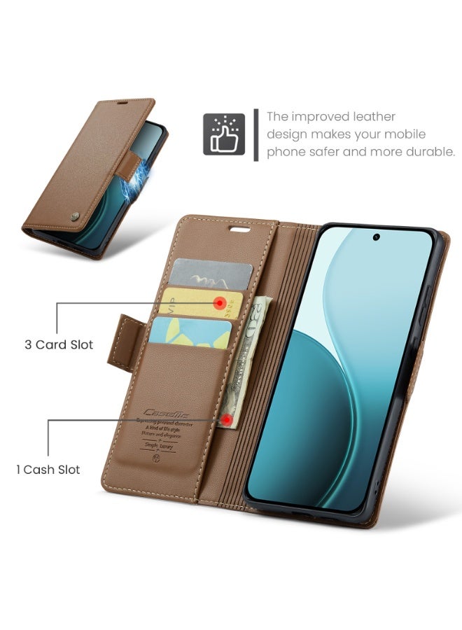 CaseMe Phone Case Luxury PU Leather Design Anti Fingerprint 023 Flip Cover Card Slot Holder Cover For Oppo Reno 14 (Brown) - Image 3