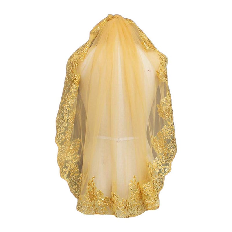 XUYUH Veil Women Soft Mesh Metallic Gold Sequins Embroidered Lace Vintage Mantilla Wedding, 31.49inch-39.37inch - Image 1