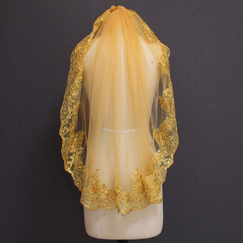 XUYUH Veil Women Soft Mesh Metallic Gold Sequins Embroidered Lace Vintage Mantilla Wedding, 31.49inch-39.37inch - Image 4