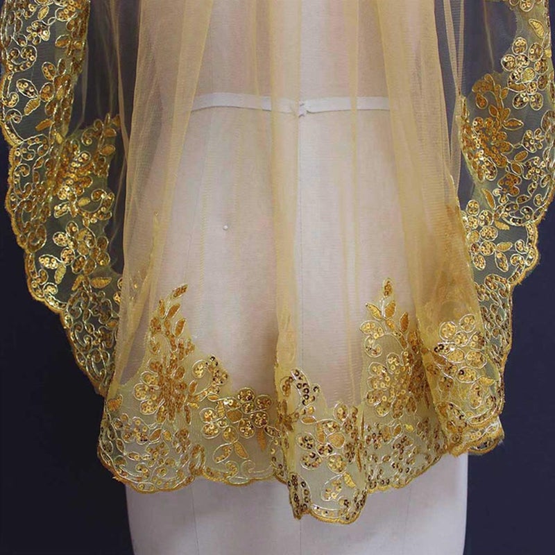 XUYUH Veil Women Soft Mesh Metallic Gold Sequins Embroidered Lace Vintage Mantilla Wedding, 31.49inch-39.37inch - Image 5