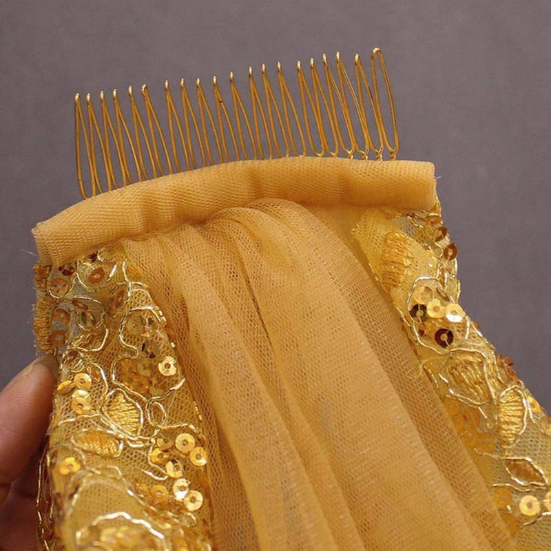 XUYUH Veil Women Soft Mesh Metallic Gold Sequins Embroidered Lace Vintage Mantilla Wedding, 31.49inch-39.37inch - Image 3