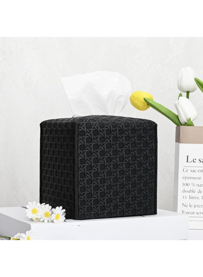 موثوقية التنبؤ 2 عبوة غطاء علبة مناديل، حامل مناديل جلد البولي يوريثان مربع، موزع مناديل ورقية مكعبات مناديل الوجه المزخرفة للحمام، منضدة ليلية، مكتب، سيارة 5X5X5 بوصة، نسج الروطان، أسود داكن - Image 3