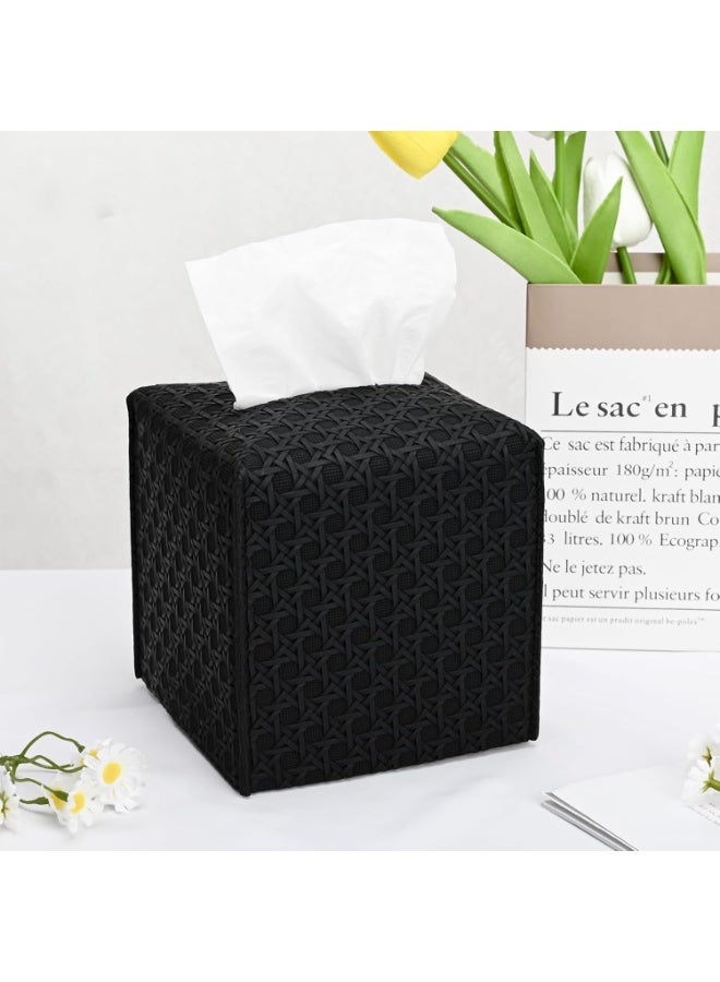 موثوقية التنبؤ 2 عبوة غطاء علبة مناديل، حامل مناديل جلد البولي يوريثان مربع، موزع مناديل ورقية مكعبات مناديل الوجه المزخرفة للحمام، منضدة ليلية، مكتب، سيارة 5X5X5 بوصة، نسج الروطان، أسود داكن - Image 4