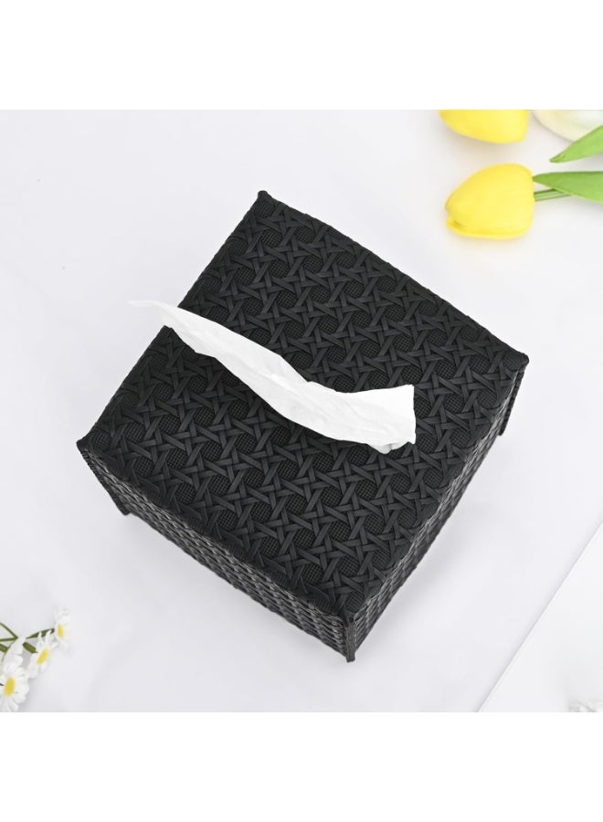 موثوقية التنبؤ 2 عبوة غطاء علبة مناديل، حامل مناديل جلد البولي يوريثان مربع، موزع مناديل ورقية مكعبات مناديل الوجه المزخرفة للحمام، منضدة ليلية، مكتب، سيارة 5X5X5 بوصة، نسج الروطان، أسود داكن - Image 2