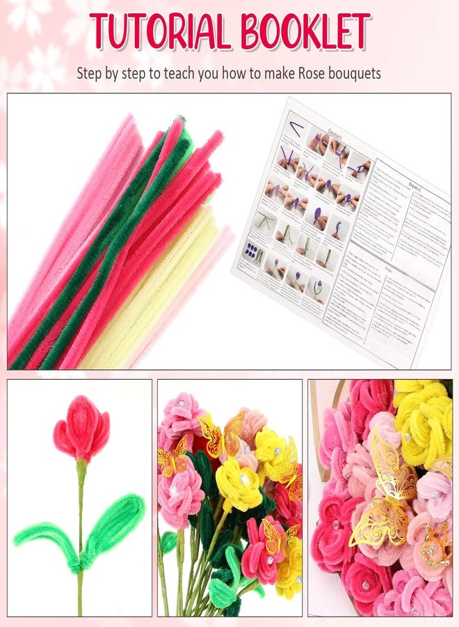 مجموعة سينلود لصنع باقات الزهور من 290 قطعة من منظفات الأنابيب، تتضمن تعليمات لصنع باقات الزهور، وورق تغليف الزهور، ومستلزمات منظفات الأنابيب، ومشاريع فنية وحرفية يدوية، وهدايا تخرج للأمهات (زهرة التوليب الوردية). - Image 5