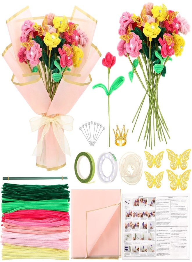 مجموعة سينلود لصنع باقات الزهور من 290 قطعة من منظفات الأنابيب، تتضمن تعليمات لصنع باقات الزهور، وورق تغليف الزهور، ومستلزمات منظفات الأنابيب، ومشاريع فنية وحرفية يدوية، وهدايا تخرج للأمهات (زهرة التوليب الوردية). - Image 1
