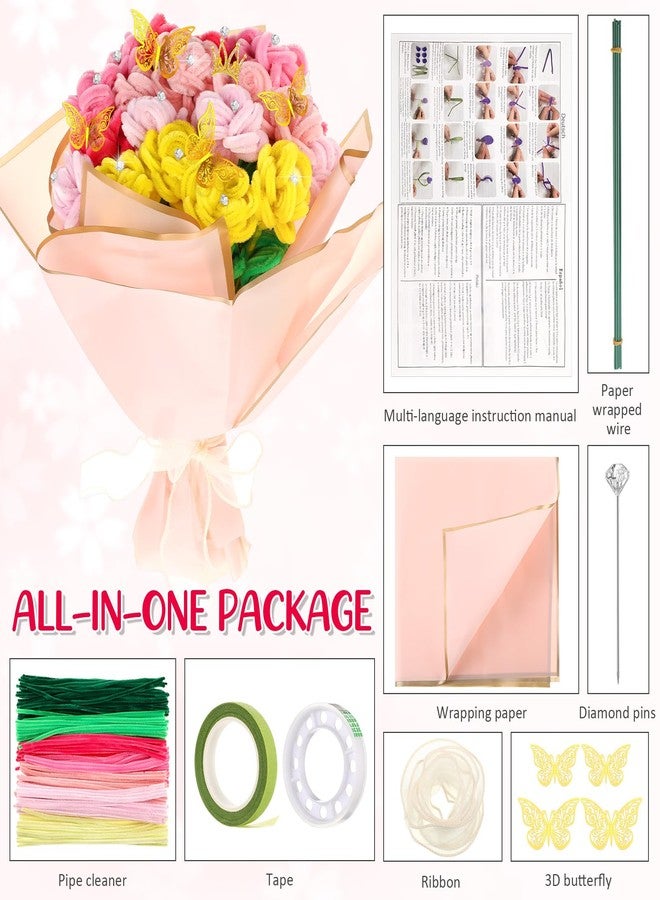 مجموعة سينلود لصنع باقات الزهور من 290 قطعة من منظفات الأنابيب، تتضمن تعليمات لصنع باقات الزهور، وورق تغليف الزهور، ومستلزمات منظفات الأنابيب، ومشاريع فنية وحرفية يدوية، وهدايا تخرج للأمهات (زهرة التوليب الوردية). - Image 2