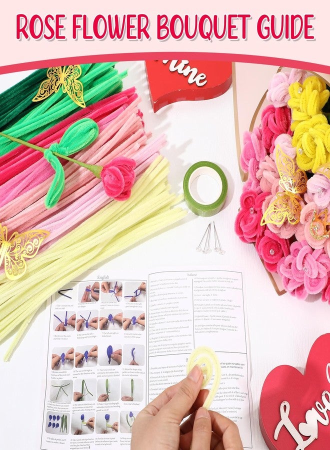 مجموعة سينلود لصنع باقات الزهور من 290 قطعة من منظفات الأنابيب، تتضمن تعليمات لصنع باقات الزهور، وورق تغليف الزهور، ومستلزمات منظفات الأنابيب، ومشاريع فنية وحرفية يدوية، وهدايا تخرج للأمهات (زهرة التوليب الوردية). - Image 3