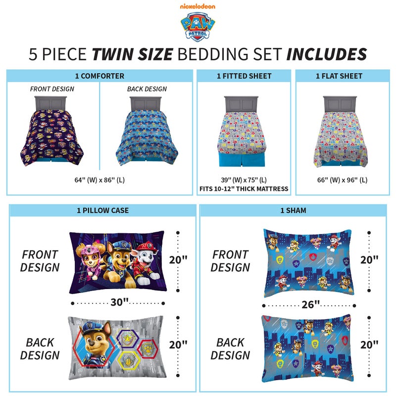 Franco Kids Bedding Super Soft Comforter and Sheet Set with Sham, 5 Piece Twin Size, Paw Patrol Movie - Image 3