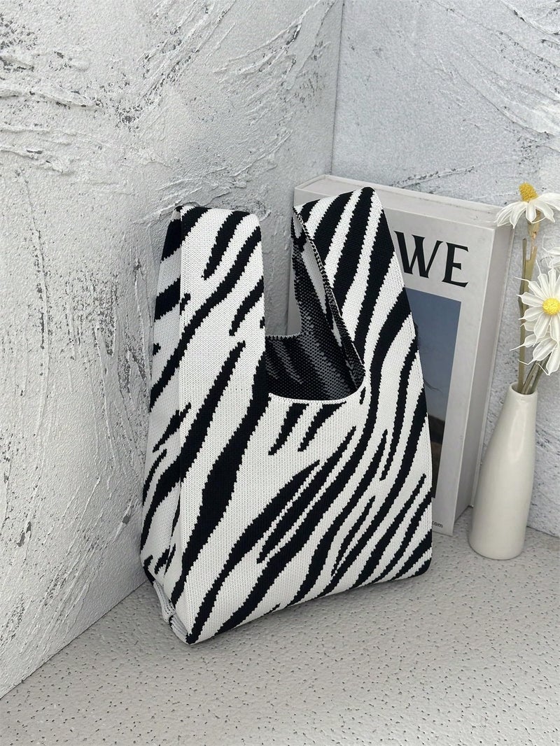 Kawn® Crochet Wrist Handbag for Women Wristlet Handbag Sleeve Knot Pouch Portable knitted breathable lightweight foldable Casual Small Purse Cute Tote Bag For Shopping, Dating, Travel (Zebra) - Image 4