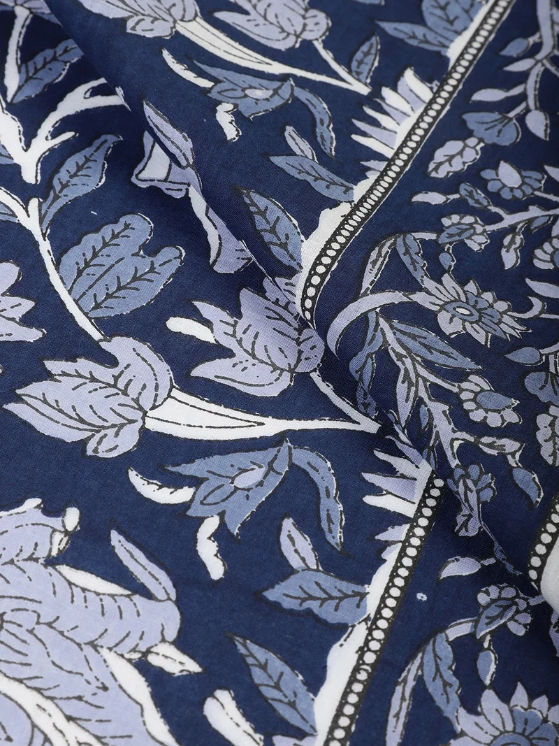 Indigo Blue Floral Vine Block Print Fabric