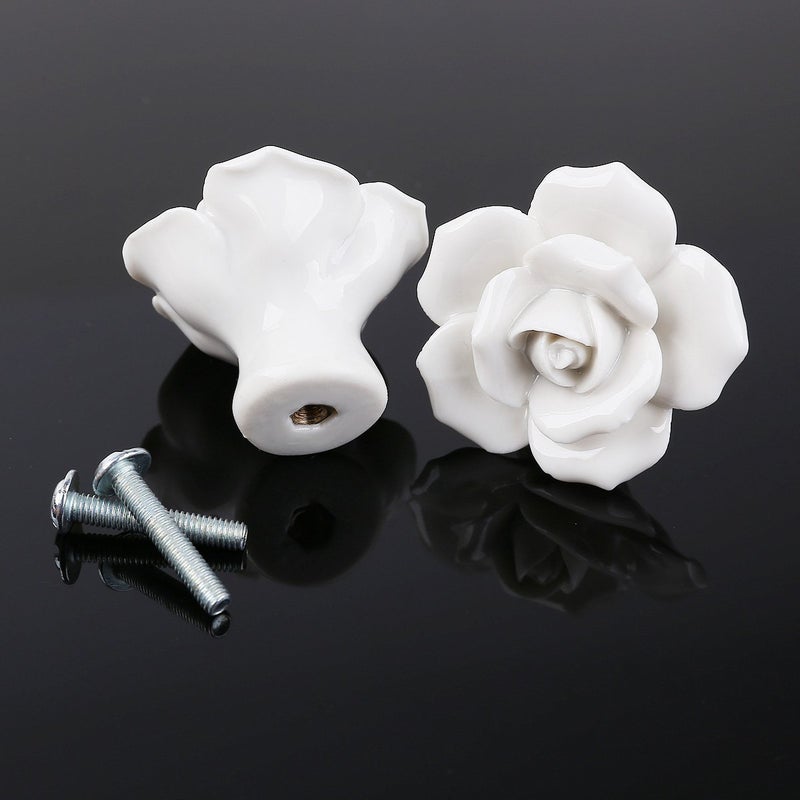 8pcs Rose Shaped Ceramic Kitchen Cupboard Cabinet Drawer Door Knobs Pull Handles (White) - Image 1