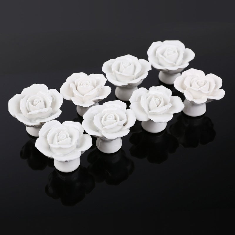 8pcs Rose Shaped Ceramic Kitchen Cupboard Cabinet Drawer Door Knobs Pull Handles (White) - Image 5