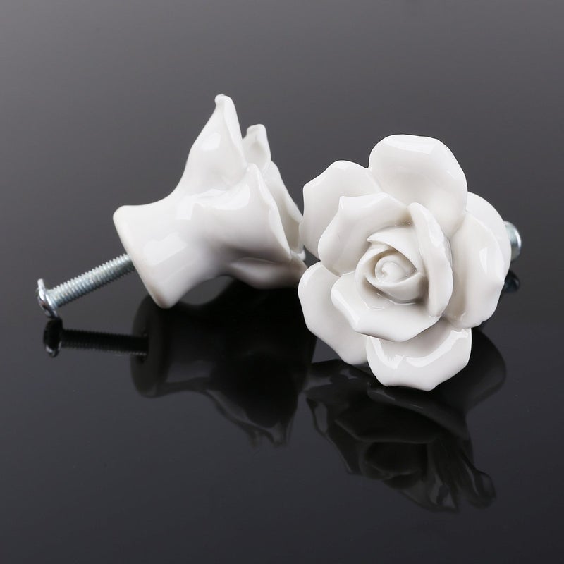 8pcs Rose Shaped Ceramic Kitchen Cupboard Cabinet Drawer Door Knobs Pull Handles (White) - Image 3