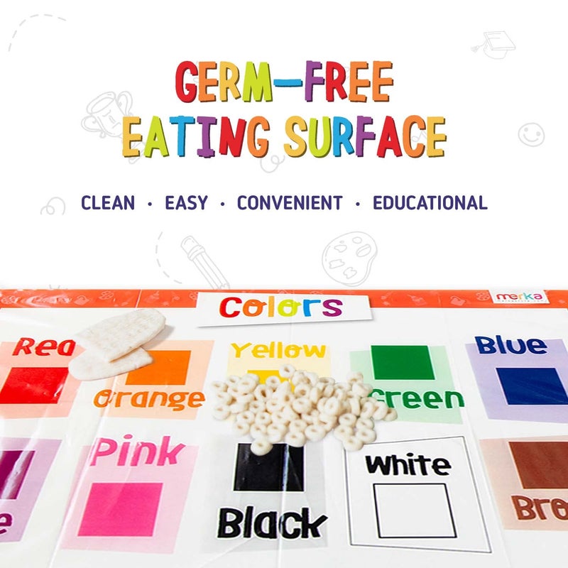 Merka Disposable Placemats for Baby and Toddlers 12" x 18", 20 Pack Stick-on Kids Placemats for Dining Table, Restaurants - Includes Shapes, Numbers, Letters, & Colors - Image 3