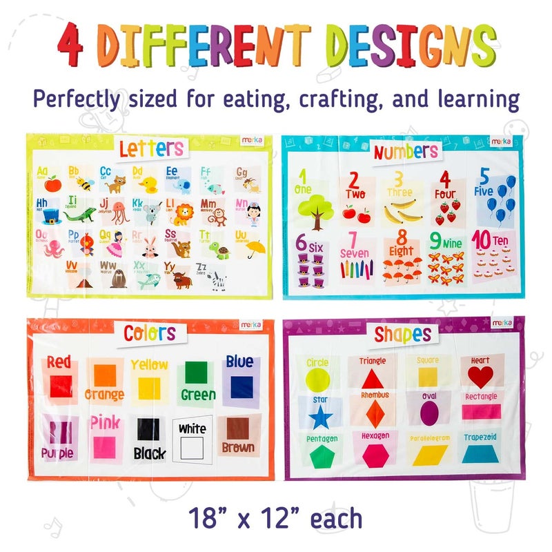 Merka Disposable Placemats for Baby and Toddlers 12" x 18", 20 Pack Stick-on Kids Placemats for Dining Table, Restaurants - Includes Shapes, Numbers, Letters, & Colors - Image 5