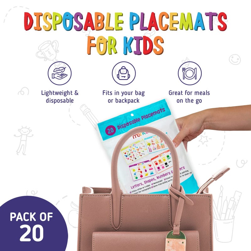 Merka Disposable Placemats for Baby and Toddlers 12" x 18", 20 Pack Stick-on Kids Placemats for Dining Table, Restaurants - Includes Shapes, Numbers, Letters, & Colors - Image 2