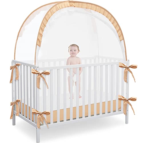 L RUNNZER Pop Up Baby Crib Tent, Safety Tent to Keep Toddler from Climbing Out, Canopy Against Falls and Bites, Netting with Breathable & Soft Mesh, Orange (R07-orange) - Image 1