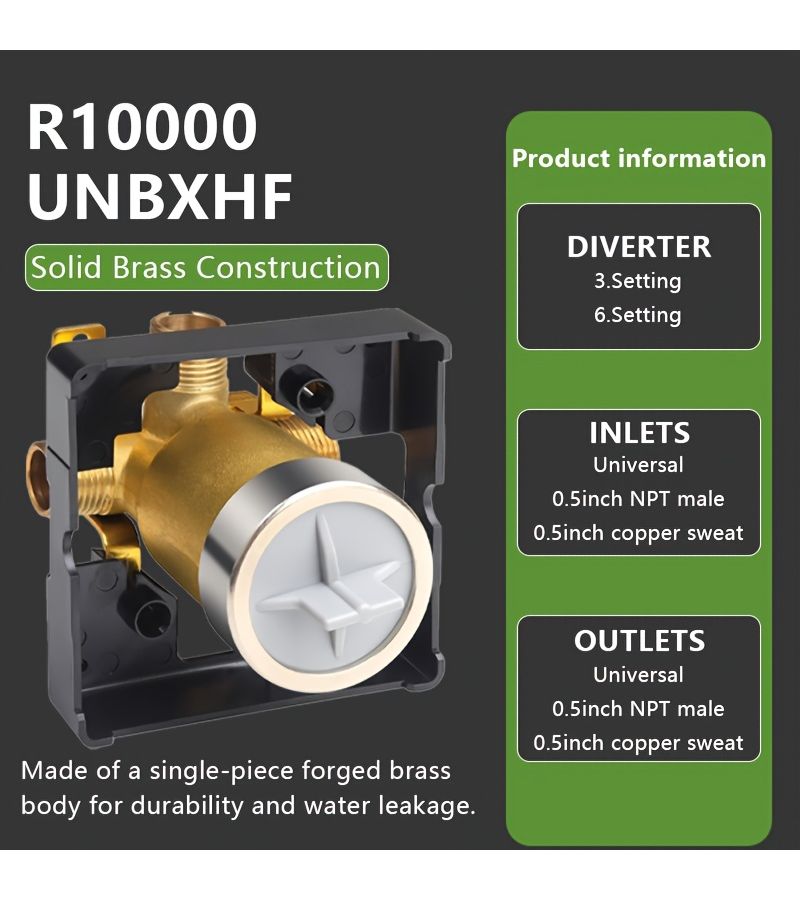R10000 UNBXHF Shower Diverter Valve Replacement Compatible With Bathtub Faucet Trim Kit Brass - Image 5