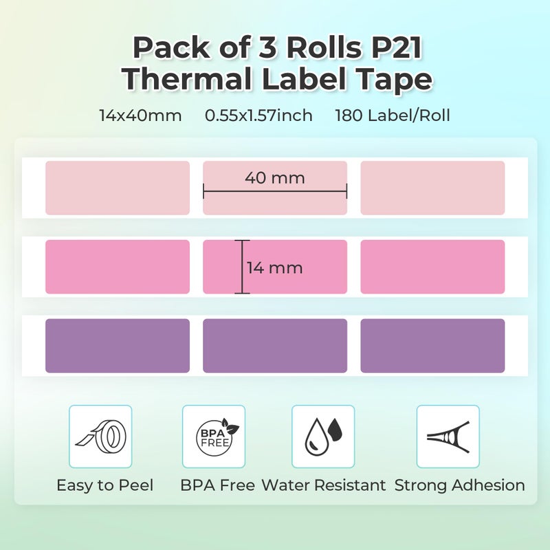 NELKO Genuine P21 Label Maker Tape, Adapted Label Print Paper, 14x40mm (0.55"x1.57"), Standard Laminated Office Labeling Tape Replacement, Multipurpose of P21, 180 Tapes/Roll, 3-Roll, Purple/Rose/Pink - Image 2