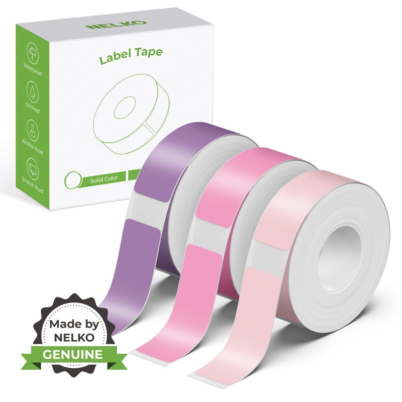 NELKO Genuine P21 Label Maker Tape, Adapted Label Print Paper, 14x40mm (0.55"x1.57"), Standard Laminated Office Labeling Tape Replacement, Multipurpose of P21, 180 Tapes/Roll, 3-Roll, Purple/Rose/Pink - Image 1