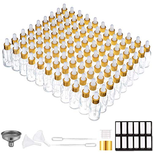 PrettyCare Glass Dropper Bottles 99 Pack 1oz 30ml Clear Empty Thick Bottles Bulk with Leakproof Golden Caps With Labels Funnels for for Storage TravelEssential Oils DIY Serums - Image 2