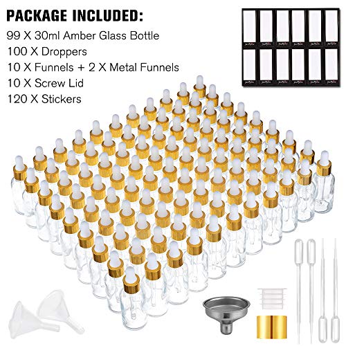PrettyCare Glass Dropper Bottles 99 Pack 1oz 30ml Clear Empty Thick Bottles Bulk with Leakproof Golden Caps With Labels Funnels for for Storage TravelEssential Oils DIY Serums - Image 5