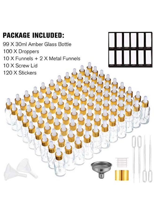 PrettyCare Glass Dropper Bottles 99 Pack 1oz 30ml Clear Empty Thick Bottles Bulk with Leakproof Golden Caps With Labels Funnels for for Storage TravelEssential Oils DIY Serums - Image 4