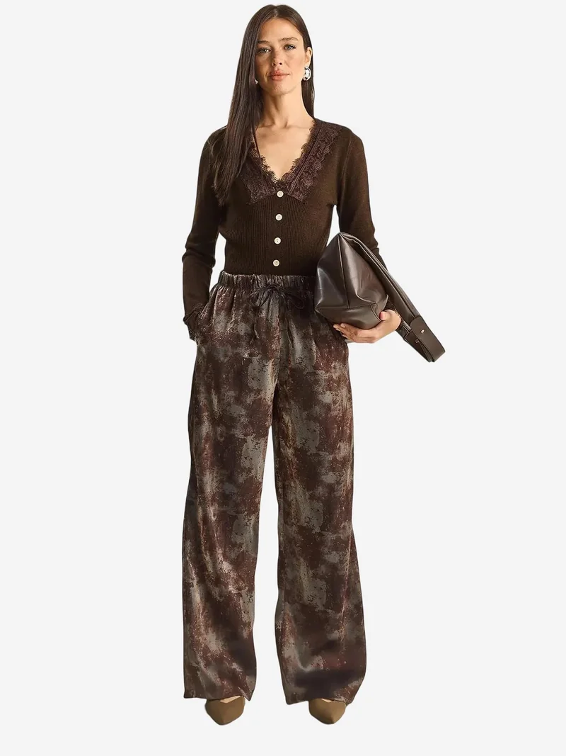 بيانكو لوتشي LUCCI High Waist Wide Leg Patterned Pants with Binding Detail