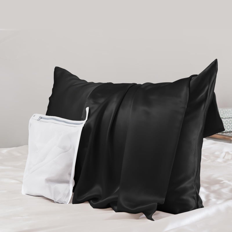 PROMEED Upgraded Grade 6A+ Black Silk Pillowcase with Zipper, 23 Momme Natural Mulberry Silk Pillow Cases for Hair and Skin - Easy Care with Free Laundry Bag (Standard 20"x26", Black) - Image 1