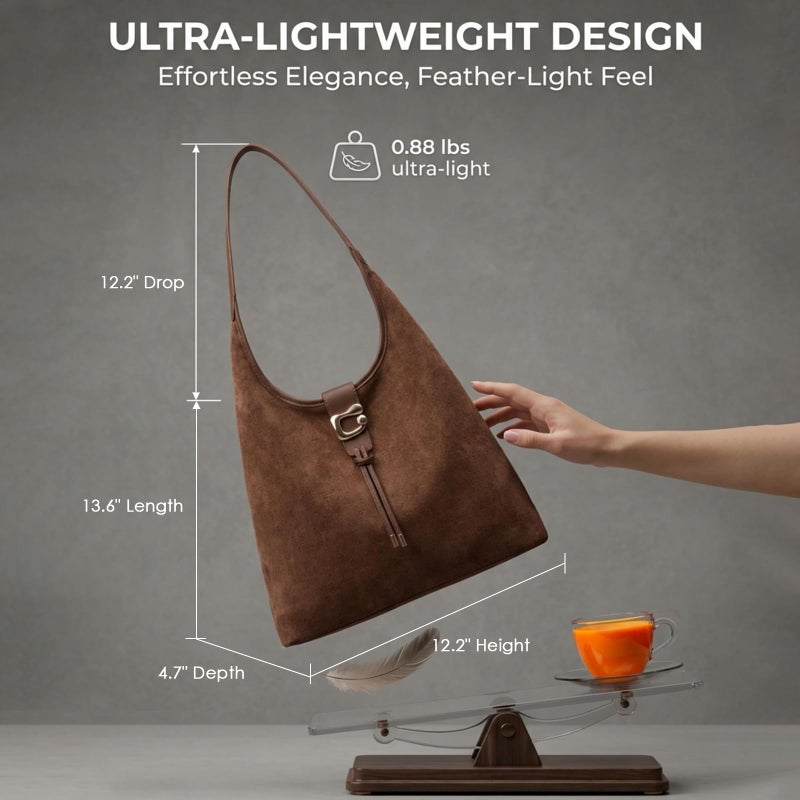 MYHOZEE Suede Hobo Bags for Women Large Slouchy Shoulder Purse Soft Faux Suede Tote Bag with Zipper & Tassel for Work Travel College, Coffee Brown - Image 3