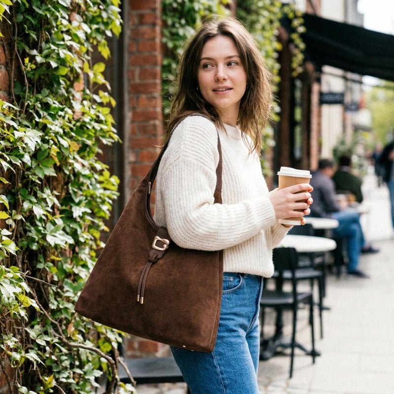MYHOZEE Suede Hobo Bags for Women Large Slouchy Shoulder Purse Soft Faux Suede Tote Bag with Zipper & Tassel for Work Travel College, Coffee Brown - Image 2