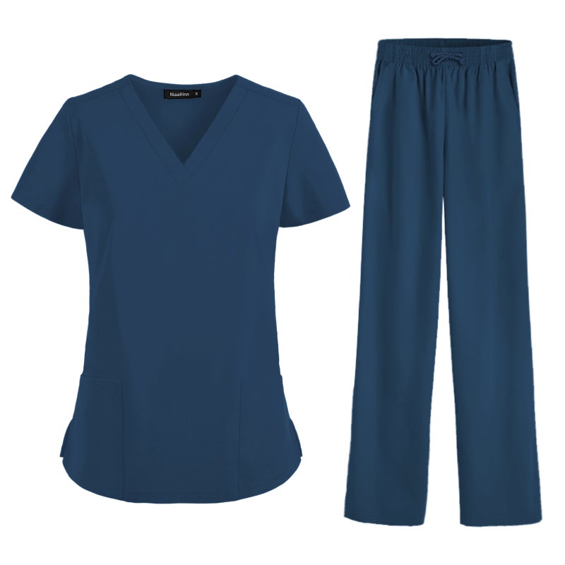 Elastic Quick-dry Scrub Set V-Neck Medical Nurse Uniform 42021 black  - Image 3