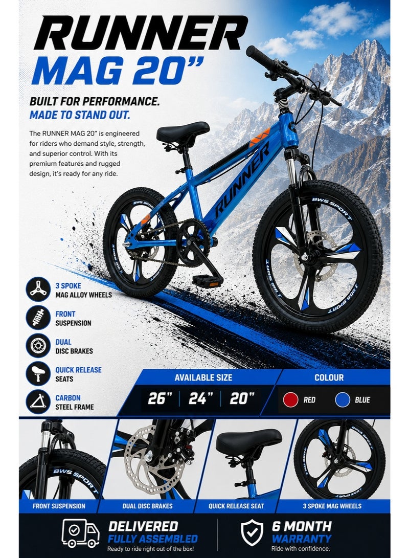 RUNNER MAG 20" Bicycle with 3-Spoke Mag Alloy Wheels, Dual Disc Brakes, Front Suspension, Carbon Steel Frame, Quick Release Seat, Fully Assembled - Image 2